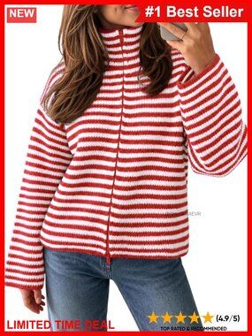 Striped Chunky Mock Neck Zip Cardigan Sweater Knit Jacket